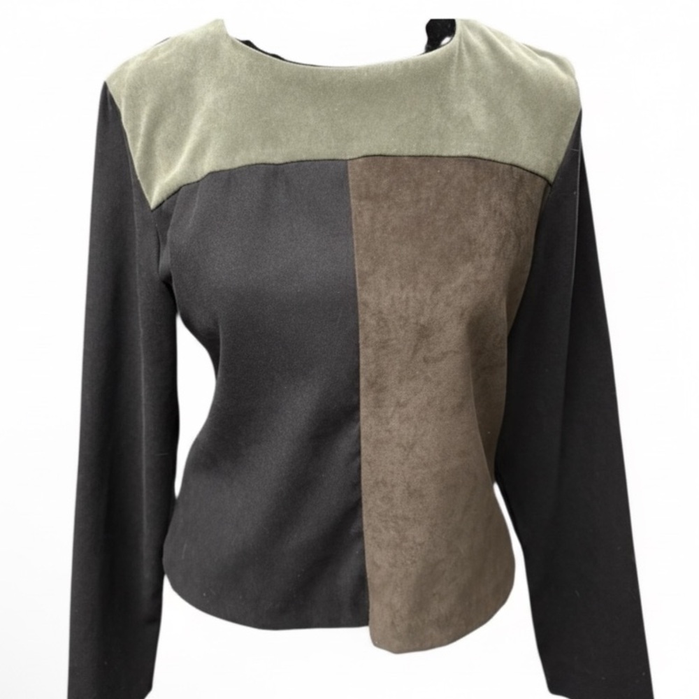 VTG Petite Sophisticate Black Brown Green Colorblock Long Sleeve Top 4 Suede 90s